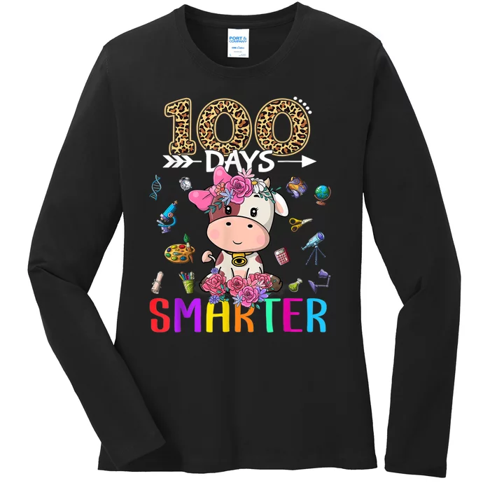 100 Days Smarter Cute Cow  Happy 100th Day of school Ladies Long Sleeve Shirt