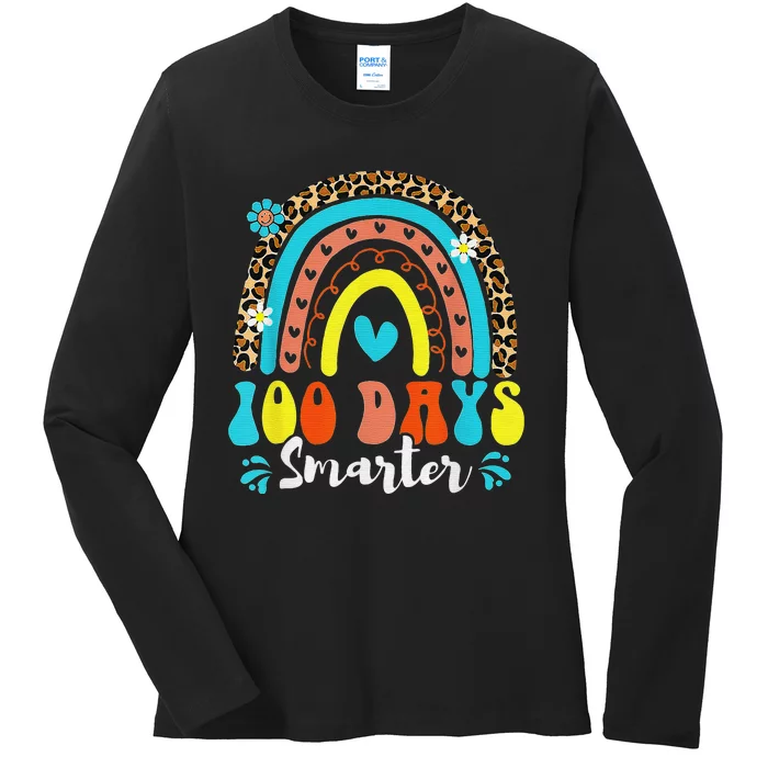 100 Days Smarter Rainbow Leopard Happy 100th Day Of School Ladies Long Sleeve Shirt