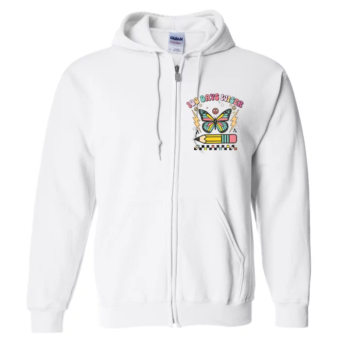 100 Days Wiser 100 Days Of School Celebrate Butterfly Full Zip Hoodie