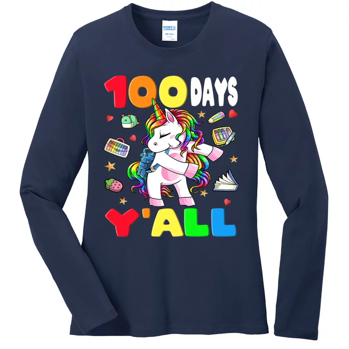 100 Days Y'all Teacher Girls Flossing Unicorn 100th Day Premium Ladies Long Sleeve Shirt