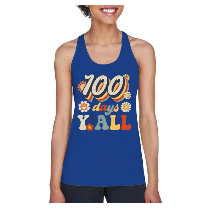 100 Days Y'all Of School Retro Groovy 100th Day Teacher Gift Women's Racerback Tank