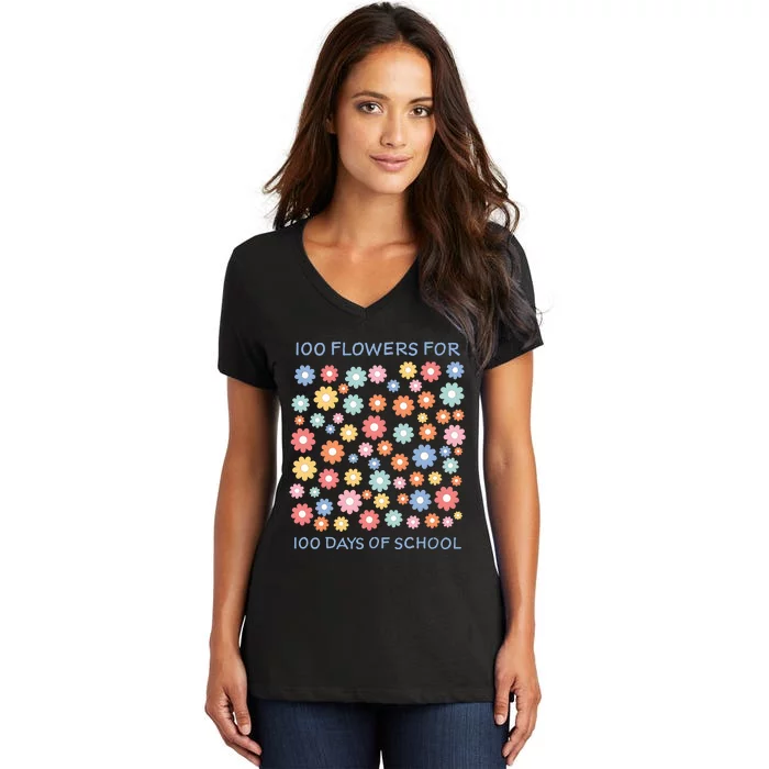 100 Flowers For 100 Days Of School Women's V-Neck T-Shirt