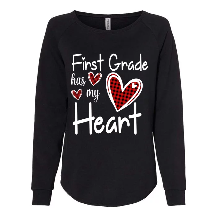 1st First Grade Has My Heart Buffalo Print Teacher Valentine Gift Womens California Wash Sweatshirt