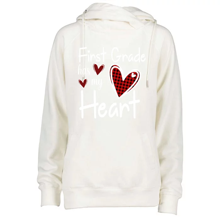 1st First Grade Has My Heart Buffalo Print Teacher Valentine Gift Womens Funnel Neck Pullover Hood