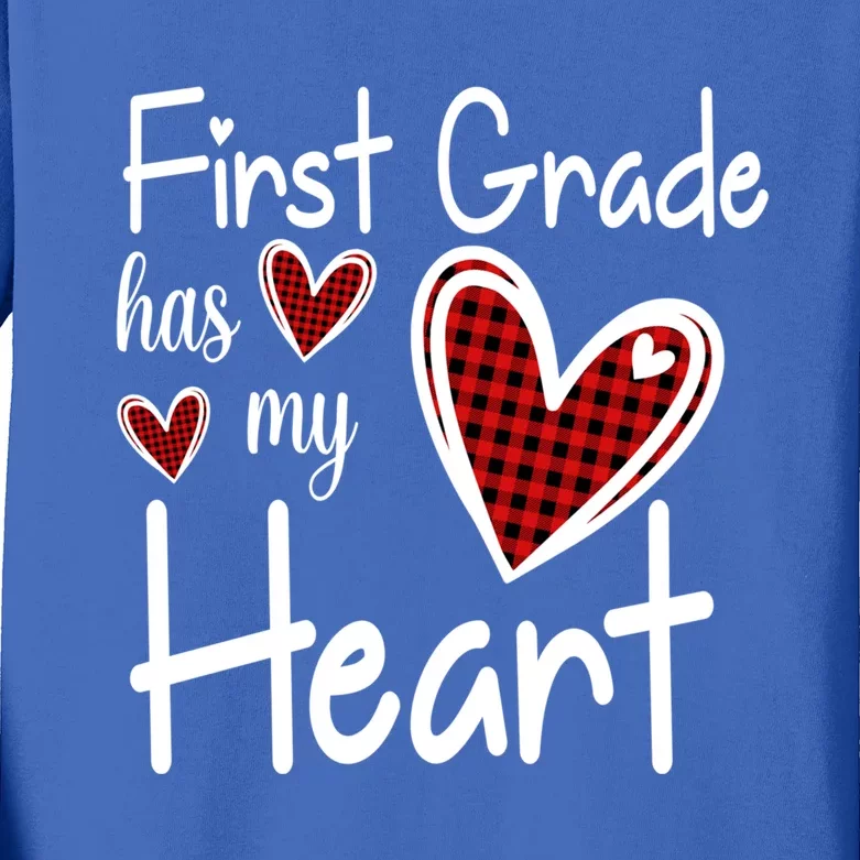 1st First Grade Has My Heart Buffalo Print Teacher Valentine Gift Kids Long Sleeve Shirt