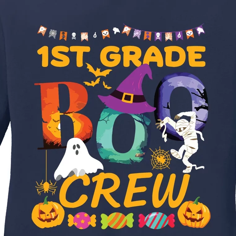 1st Grade Boo Crew Ghost Pumpkin Halloween Teacher Student Ladies Long Sleeve Shirt