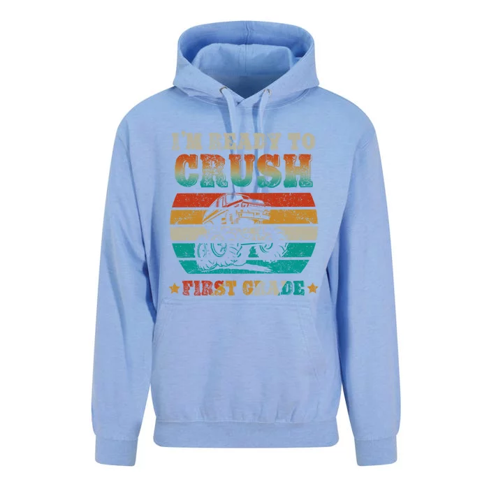 1st Grade Back To School Crush First Grade Monster Truck Boy Cute Gift Unisex Surf Hoodie