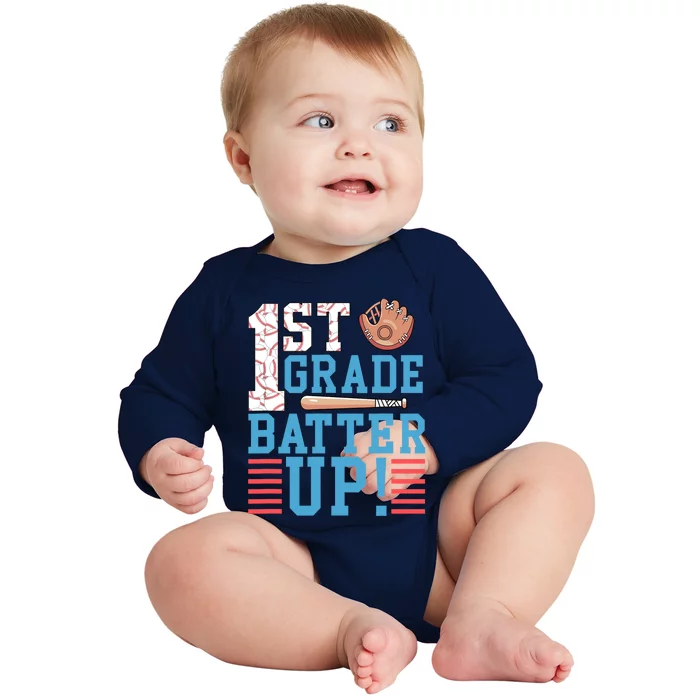 1st Grade Back To School 1st Grade Batter Up Baseball Baby Long Sleeve Bodysuit