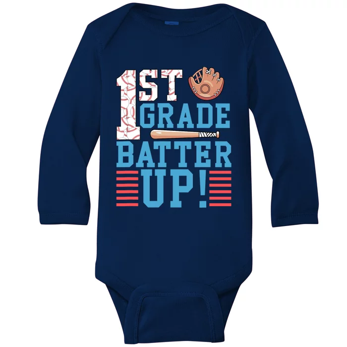 1st Grade Back To School 1st Grade Batter Up Baseball Baby Long Sleeve Bodysuit