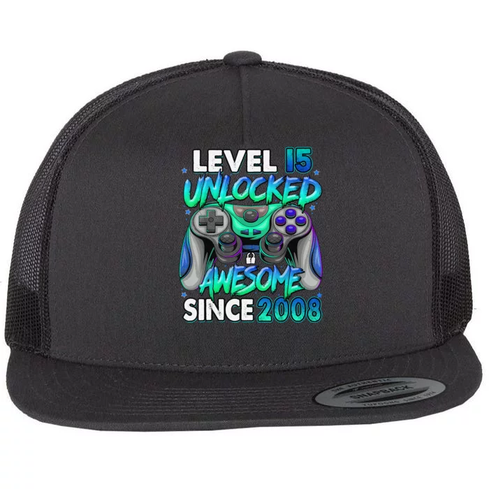 15th Gaming Birthday gift Level 15 Unlocked Awesome Video Game 2008 Birthday Flat Bill Trucker Hat