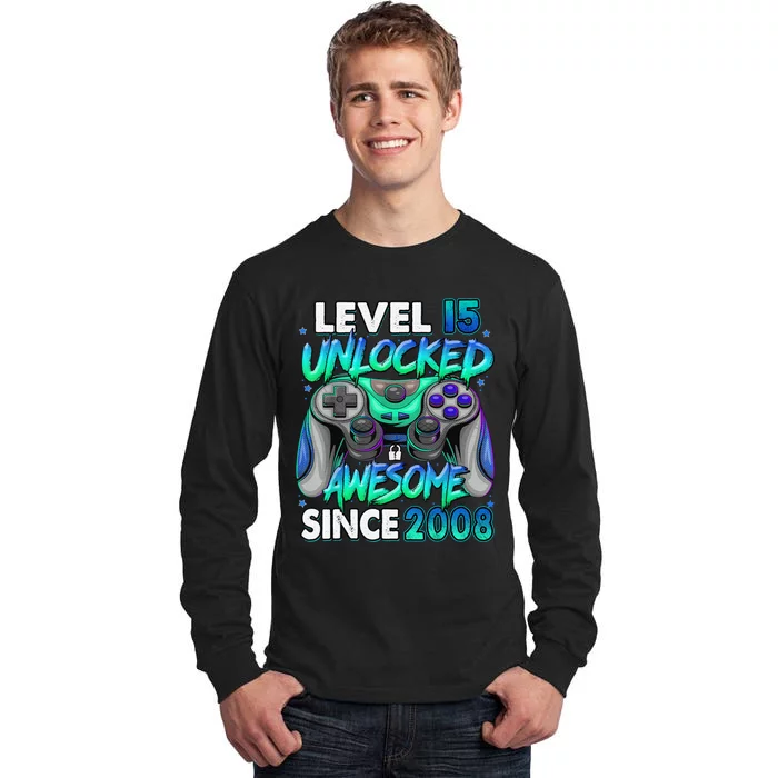 15th Gaming Birthday gift Level 15 Unlocked Awesome Video Game 2008 Birthday Tall Long Sleeve T-Shirt