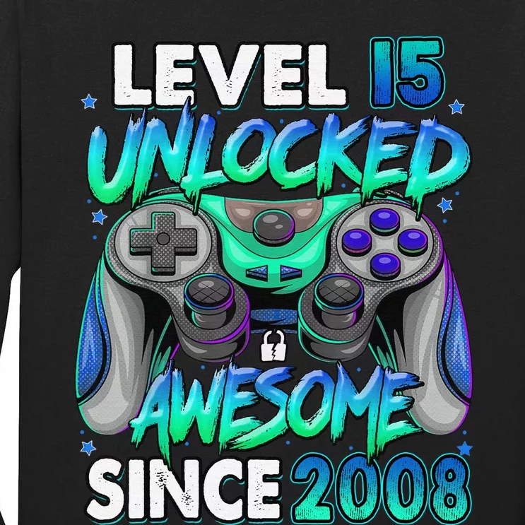 15th Gaming Birthday gift Level 15 Unlocked Awesome Video Game 2008 Birthday Tall Long Sleeve T-Shirt