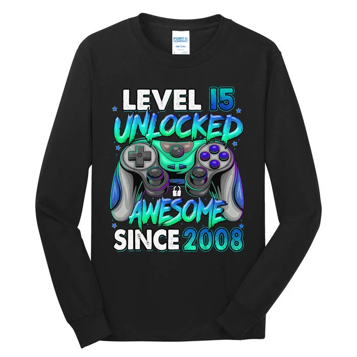 15th Gaming Birthday gift Level 15 Unlocked Awesome Video Game 2008 Birthday Tall Long Sleeve T-Shirt