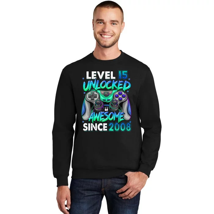 15th Gaming Birthday gift Level 15 Unlocked Awesome Video Game 2008 Birthday Tall Sweatshirt