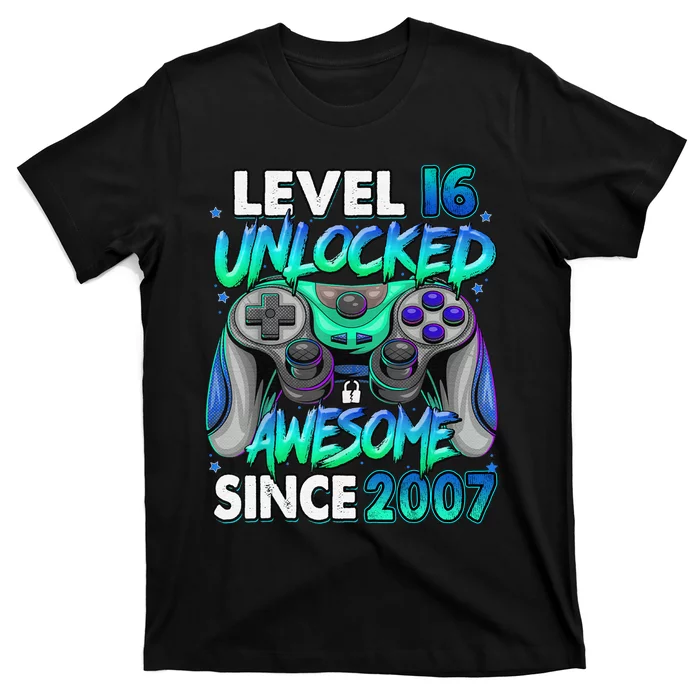 16th Gaming Birthday gift Level 16 Unlocked Awesome Video Game 2007 Birthday T-Shirt