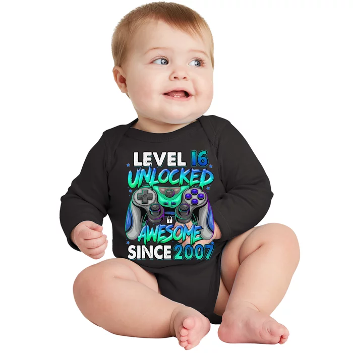 16th Gaming Birthday gift Level 16 Unlocked Awesome Video Game 2007 Birthday Baby Long Sleeve Bodysuit