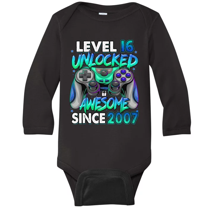 16th Gaming Birthday gift Level 16 Unlocked Awesome Video Game 2007 Birthday Baby Long Sleeve Bodysuit