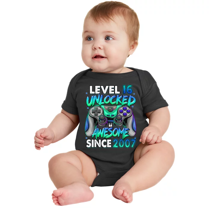 16th Gaming Birthday gift Level 16 Unlocked Awesome Video Game 2007 Birthday Baby Bodysuit