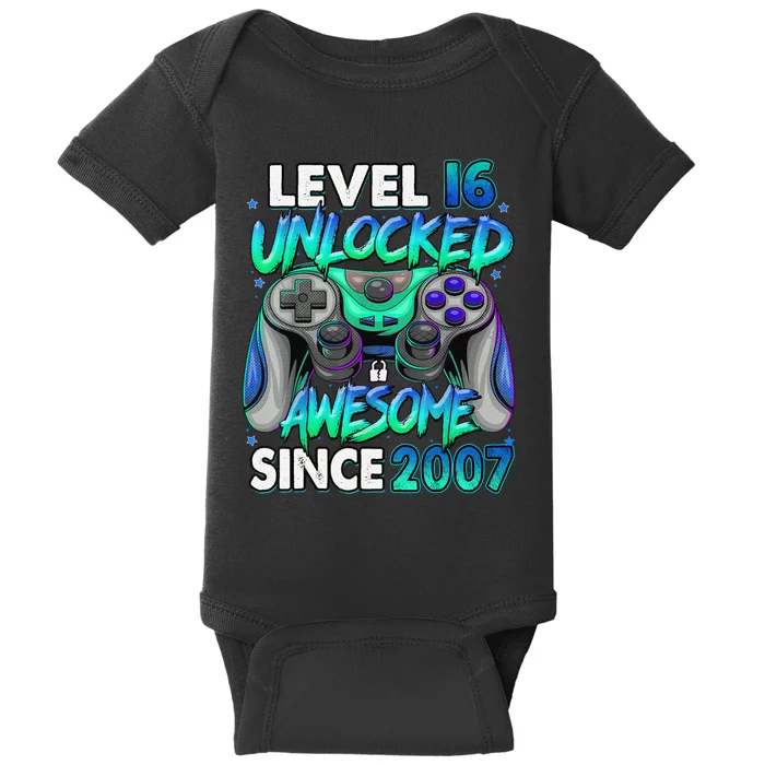 16th Gaming Birthday gift Level 16 Unlocked Awesome Video Game 2007 Birthday Baby Bodysuit