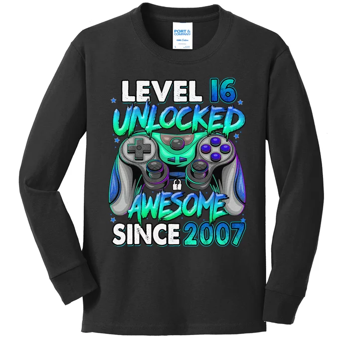 16th Gaming Birthday gift Level 16 Unlocked Awesome Video Game 2007 Birthday Kids Long Sleeve Shirt