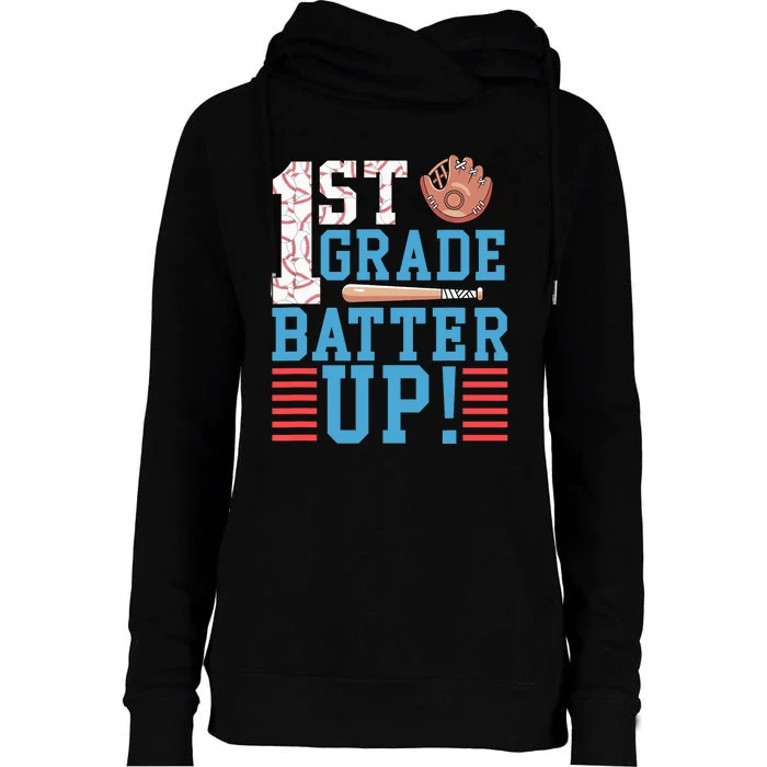 1st Grade Back To School 1st Grade Batter Up Baseball Womens Funnel Neck Pullover Hood