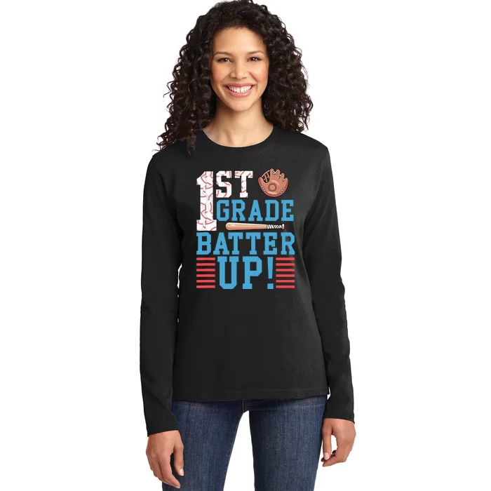 1st Grade Back To School 1st Grade Batter Up Baseball Ladies Long Sleeve Shirt