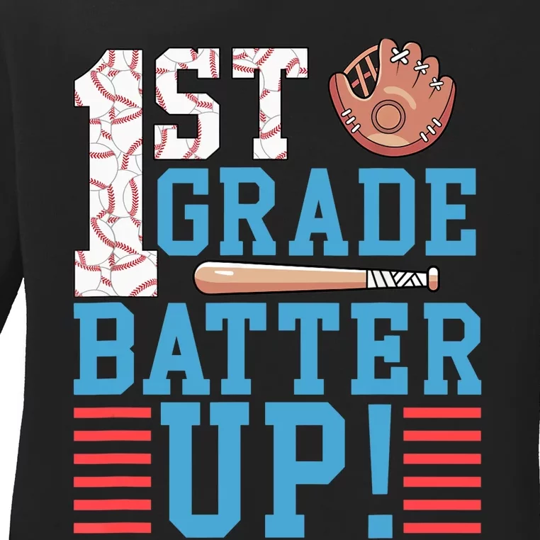 1st Grade Back To School 1st Grade Batter Up Baseball Ladies Long Sleeve Shirt