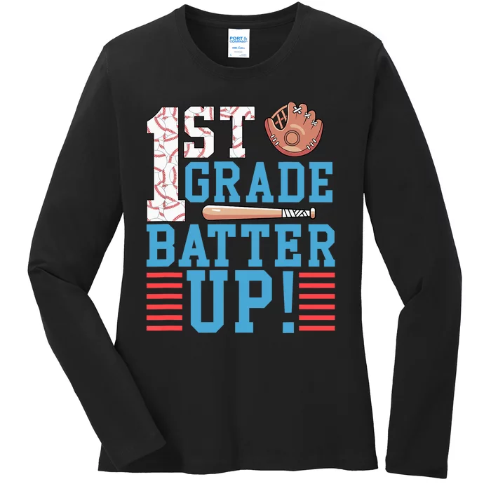 1st Grade Back To School 1st Grade Batter Up Baseball Ladies Long Sleeve Shirt