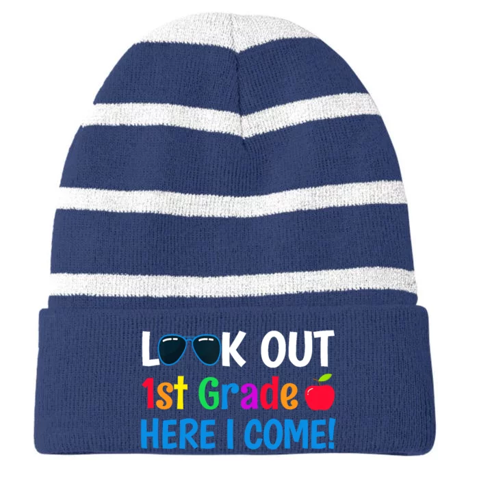 1st Grade Boy Girl Look out 1st Grade Here I Come Striped Beanie with Solid Band