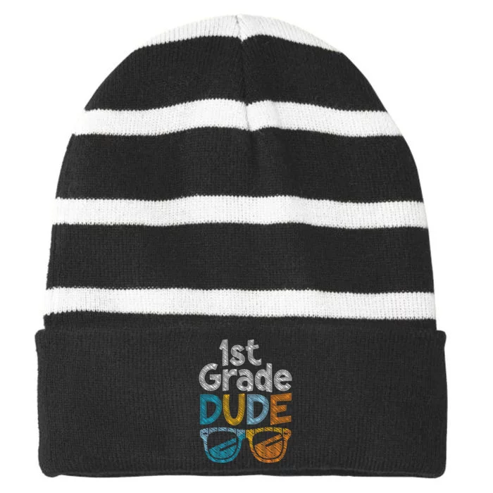 1st Grade Dude Back To School First Grade Student Striped Beanie with Solid Band