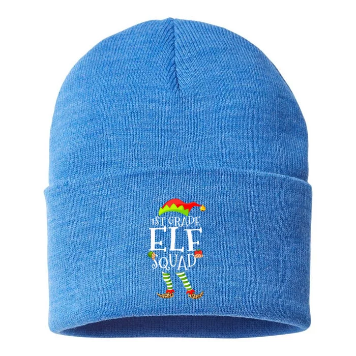 1st Grade Elf Squad Funny Elementary Teacher Christmas Sustainable Knit Beanie