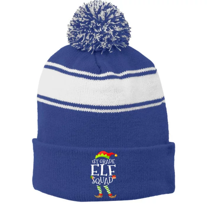 1st Grade Elf Squad Funny Elementary Teacher Christmas Stripe Pom Pom Beanie