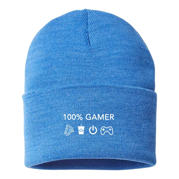 100% Gamer Funny Pizza Power Controller Cool Gamer Gift Sustainable Knit Beanie