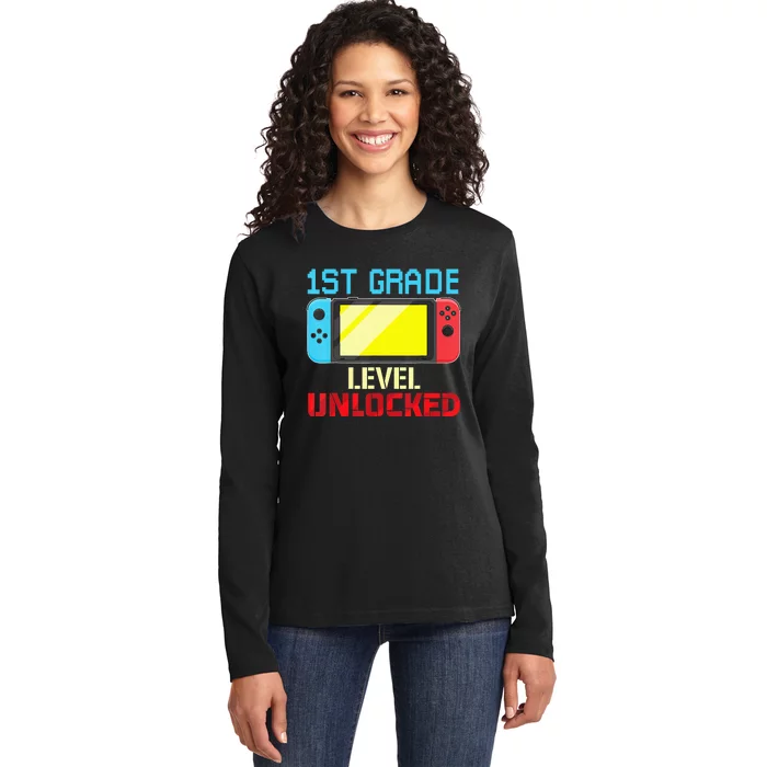 1St Grade Level Unlocked Gamer First Day Of School Ladies Long Sleeve Shirt