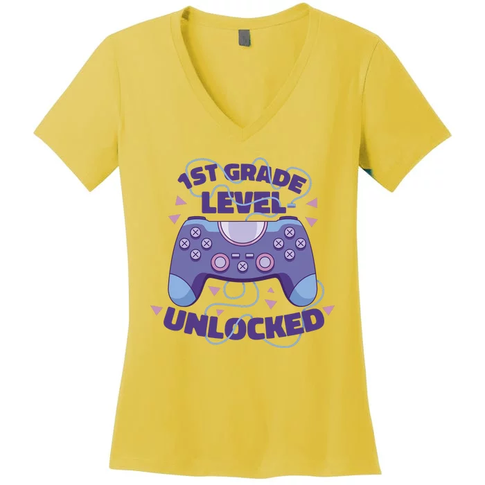 1st Grade Level Unlocked Back To School Gamer Women's V-Neck T-Shirt