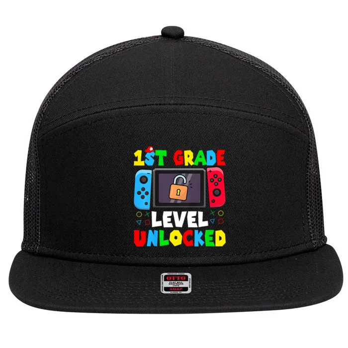 1st Grade Level Unlocked Back To School First Day Gamer Boy 7 Panel Mesh Trucker Snapback Hat