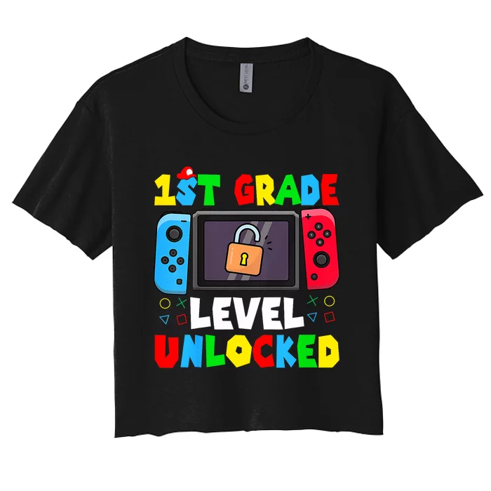 1st Grade Level Unlocked Back To School First Day Gamer Boy Women's Crop Top Tee