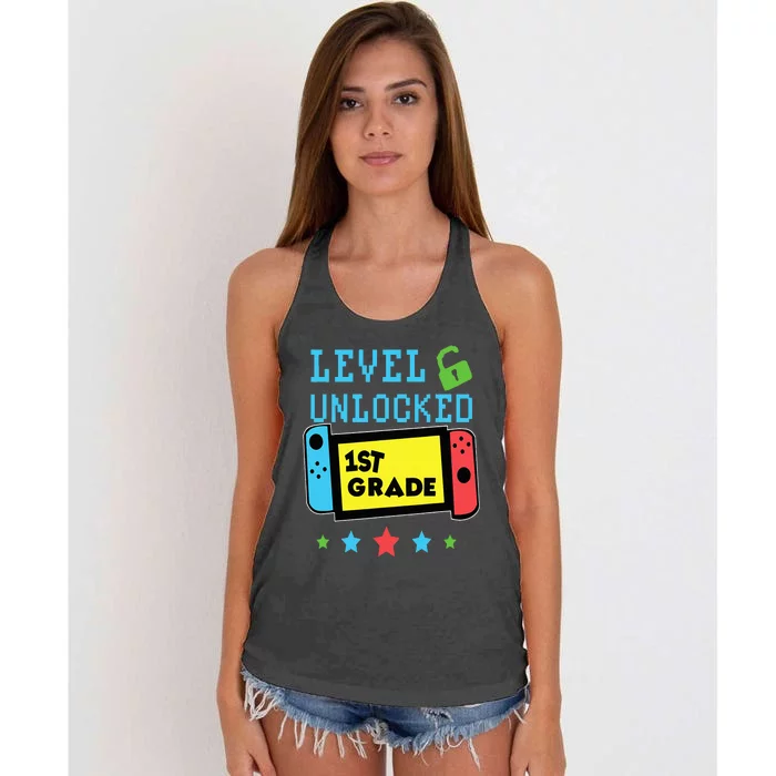 1st Grade Level Unlocked Gamer First Day Of School Women's Knotted Racerback Tank