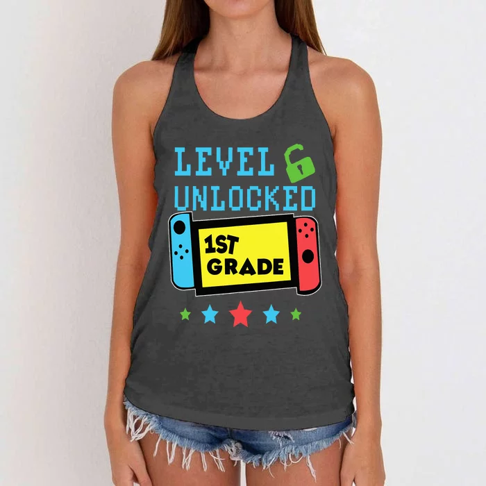 1st Grade Level Unlocked Gamer First Day Of School Women's Knotted Racerback Tank