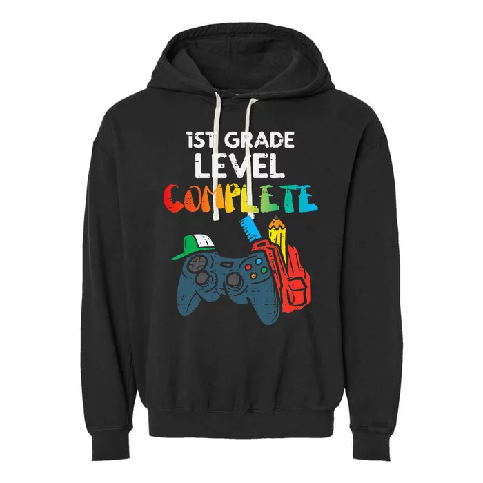 1st Grade Level Complete Gaming Boy Last Day Of School Gamer Garment-Dyed Fleece Hoodie