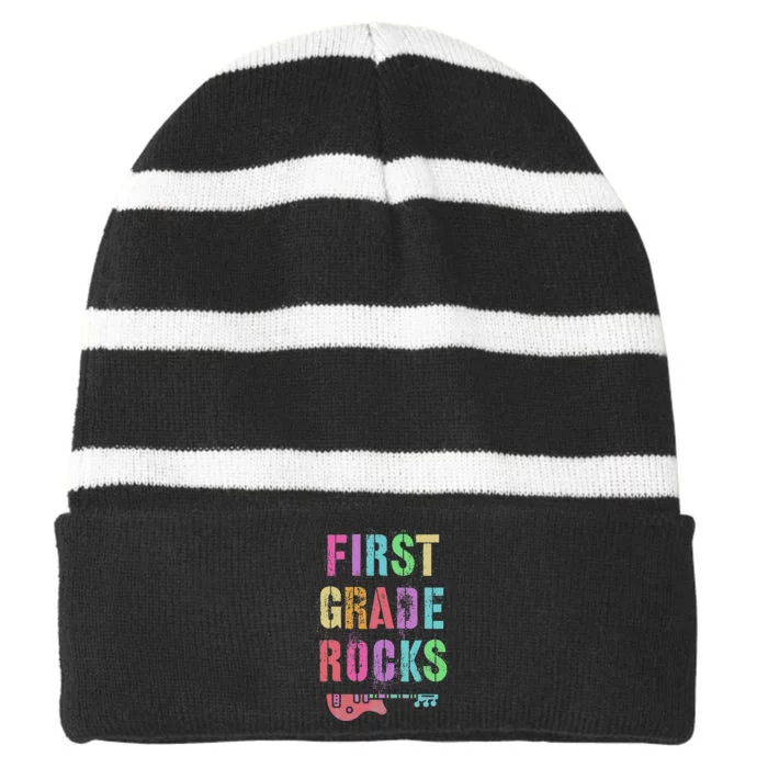 1st GRADE ROCKS Student Teacher Team Rockstar FIRST Grader Striped Beanie with Solid Band