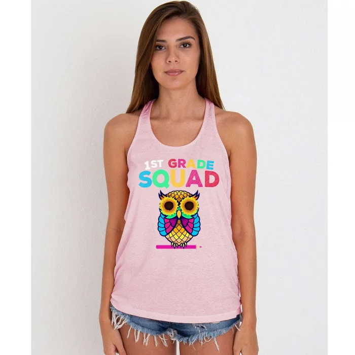 1St Grade Squad Sunflower Owl First Grade Teacher Gift Women's Knotted Racerback Tank