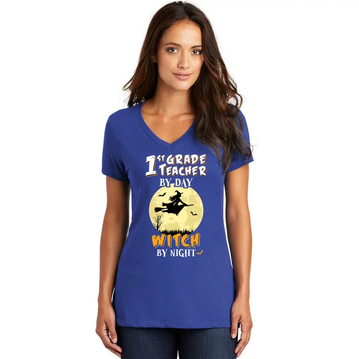 1St Grade Teacher By Day Witch By Night Gift School Women's V-Neck T-Shirt