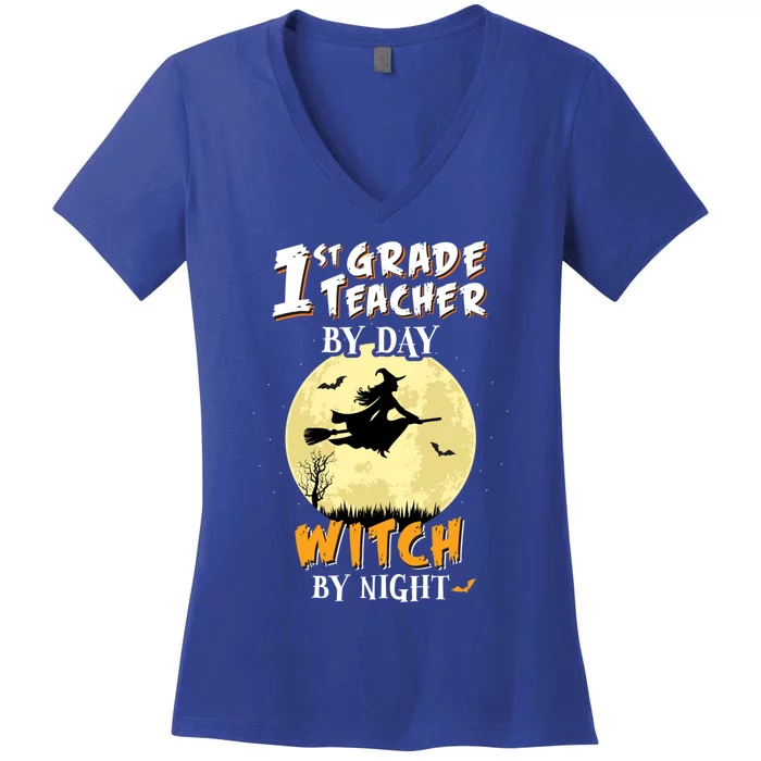 1St Grade Teacher By Day Witch By Night Gift School Women's V-Neck T-Shirt