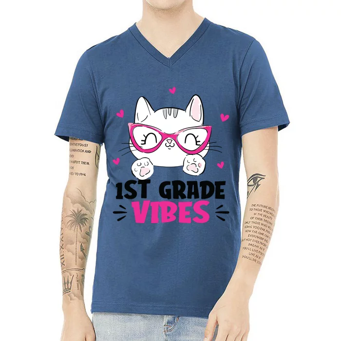 1st Grade Vibes Back To School Cute Cat Cute For Girl V-Neck T-Shirt