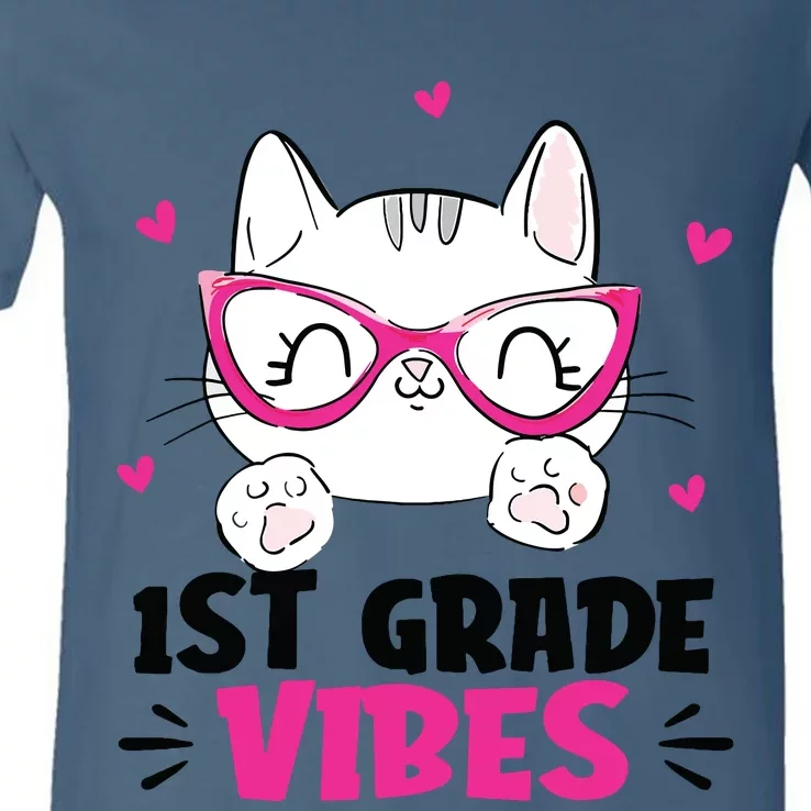 1st Grade Vibes Back To School Cute Cat Cute For Girl V-Neck T-Shirt