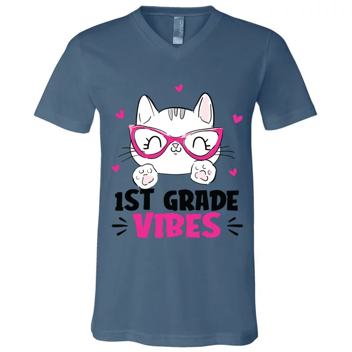 1st Grade Vibes Back To School Cute Cat Cute For Girl V-Neck T-Shirt