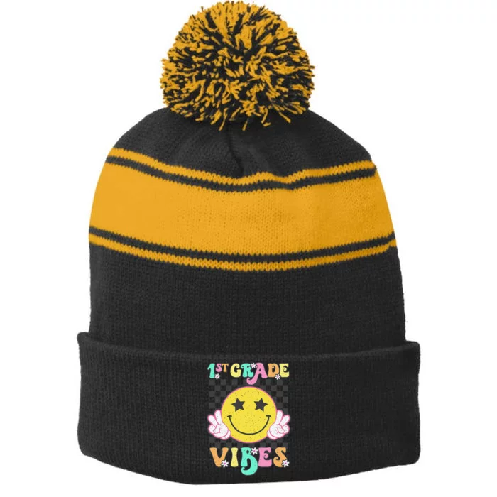 1st Grade Vibes Smile Face Back To School First Grade Stripe Pom Pom Beanie