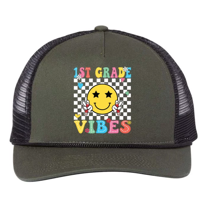 1st Grade Vibes Smile Face Back To School First Grade Retro Rope Trucker Hat Cap