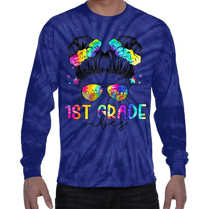 1st Grade Vibes Messy Bun First Grade Back To School Tie-Dye Long Sleeve Shirt